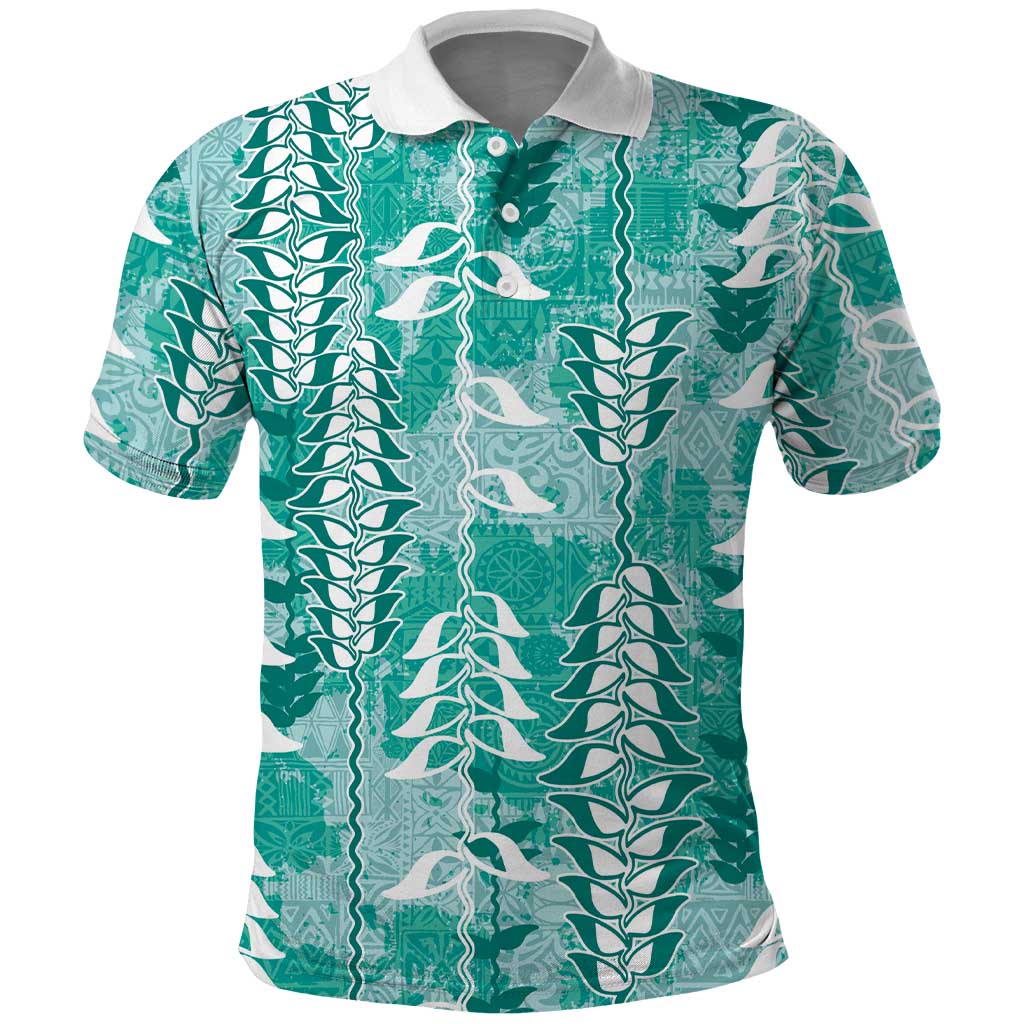 Teal Hawaii Tapa Pattern Polo Shirt With Heliconia Vintage Style