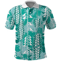 Teal Hawaii Tapa Pattern Polo Shirt With Heliconia Vintage Style