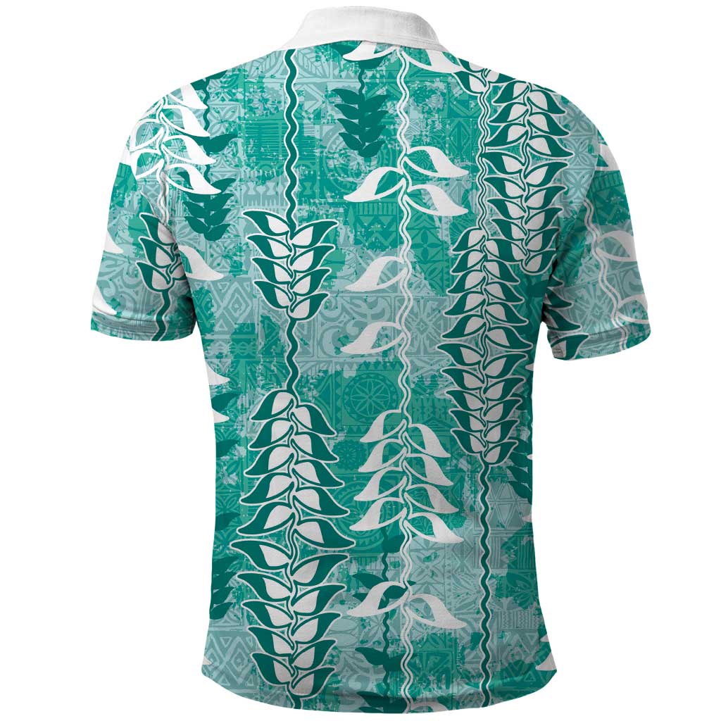 Teal Hawaii Tapa Pattern Polo Shirt With Heliconia Vintage Style
