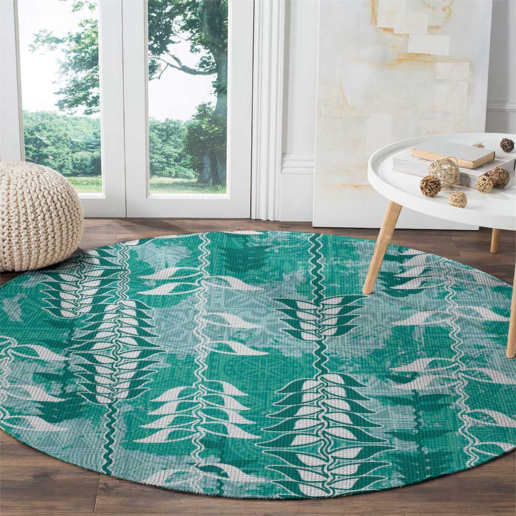 Teal Hawaii Tapa Pattern Round Carpet With Heliconia Vintage Style LT05 - Polynesian Pride