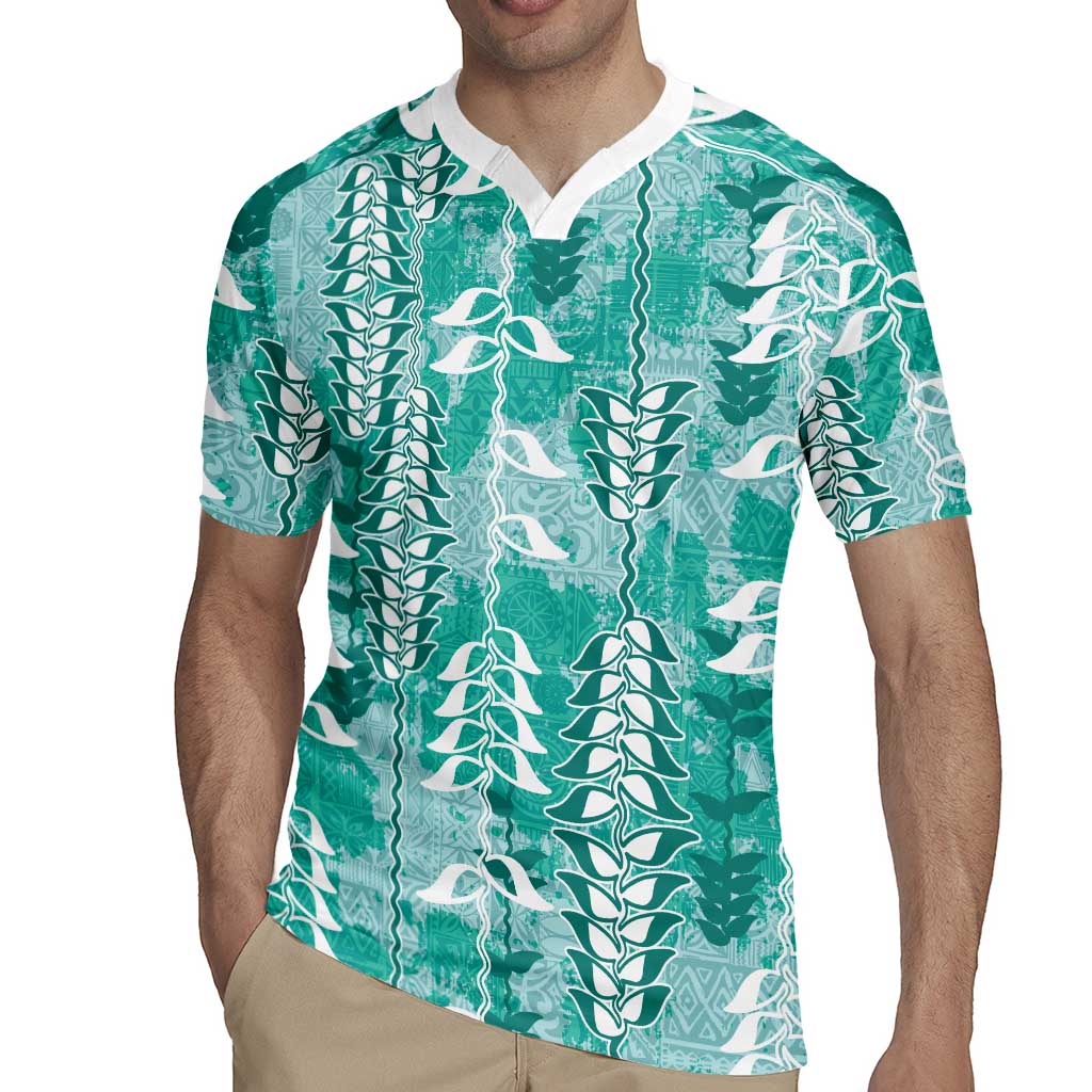 Teal Hawaii Tapa Pattern Rugby Jersey With Heliconia Vintage Style
