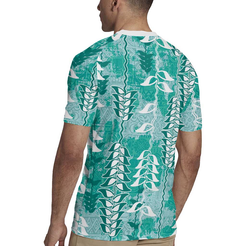 Teal Hawaii Tapa Pattern Rugby Jersey With Heliconia Vintage Style