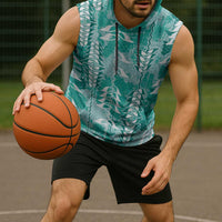 Teal Hawaii Tapa Pattern Sleeveless Hoodie With Heliconia Vintage Style LT05 - Polynesian Pride