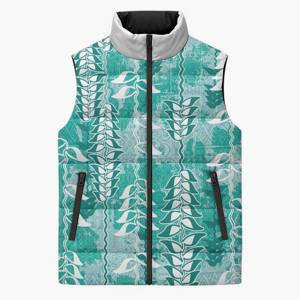 Teal Hawaii Tapa Pattern Sleeveless Puffer Jacket With Heliconia Vintage Style