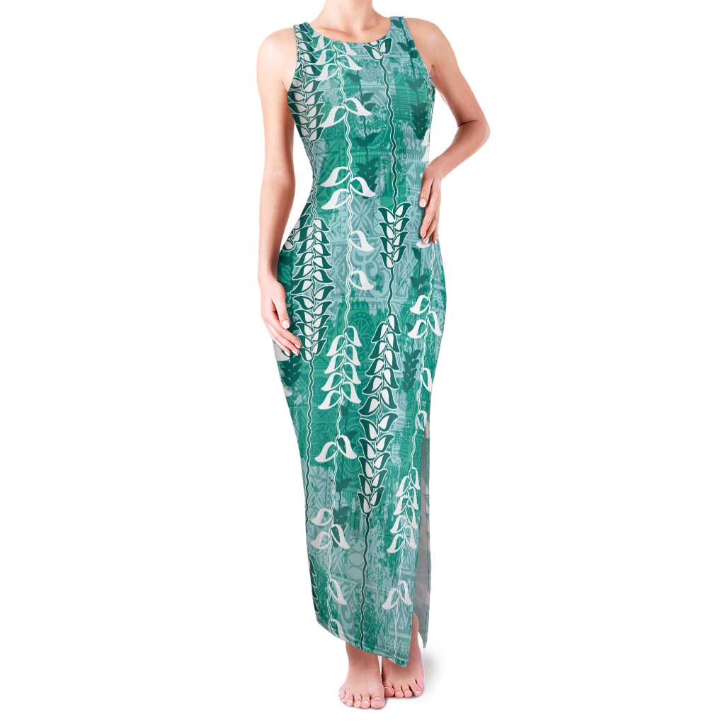 Teal Hawaii Tapa Pattern Tank Maxi Dress With Heliconia Vintage Style
