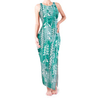 Teal Hawaii Tapa Pattern Tank Maxi Dress With Heliconia Vintage Style
