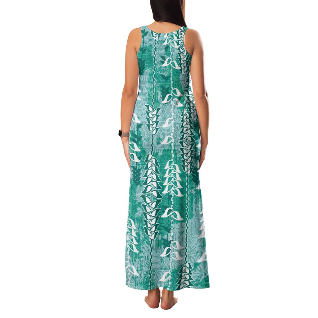 Teal Hawaii Tapa Pattern Tank Maxi Dress With Heliconia Vintage Style
