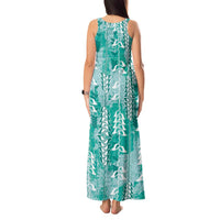 Teal Hawaii Tapa Pattern Tank Maxi Dress With Heliconia Vintage Style
