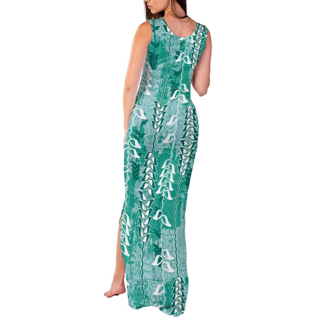 Teal Hawaii Tapa Pattern Tank Maxi Dress With Heliconia Vintage Style