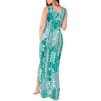 Teal Hawaii Tapa Pattern Tank Maxi Dress With Heliconia Vintage Style