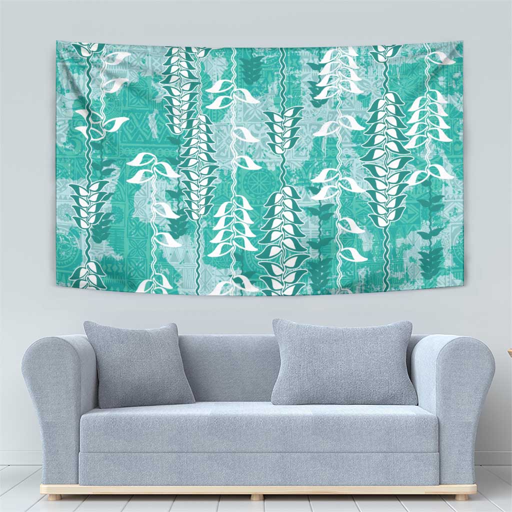Teal Hawaii Tapa Pattern Tapestry With Heliconia Vintage Style LT05 - Polynesian Pride