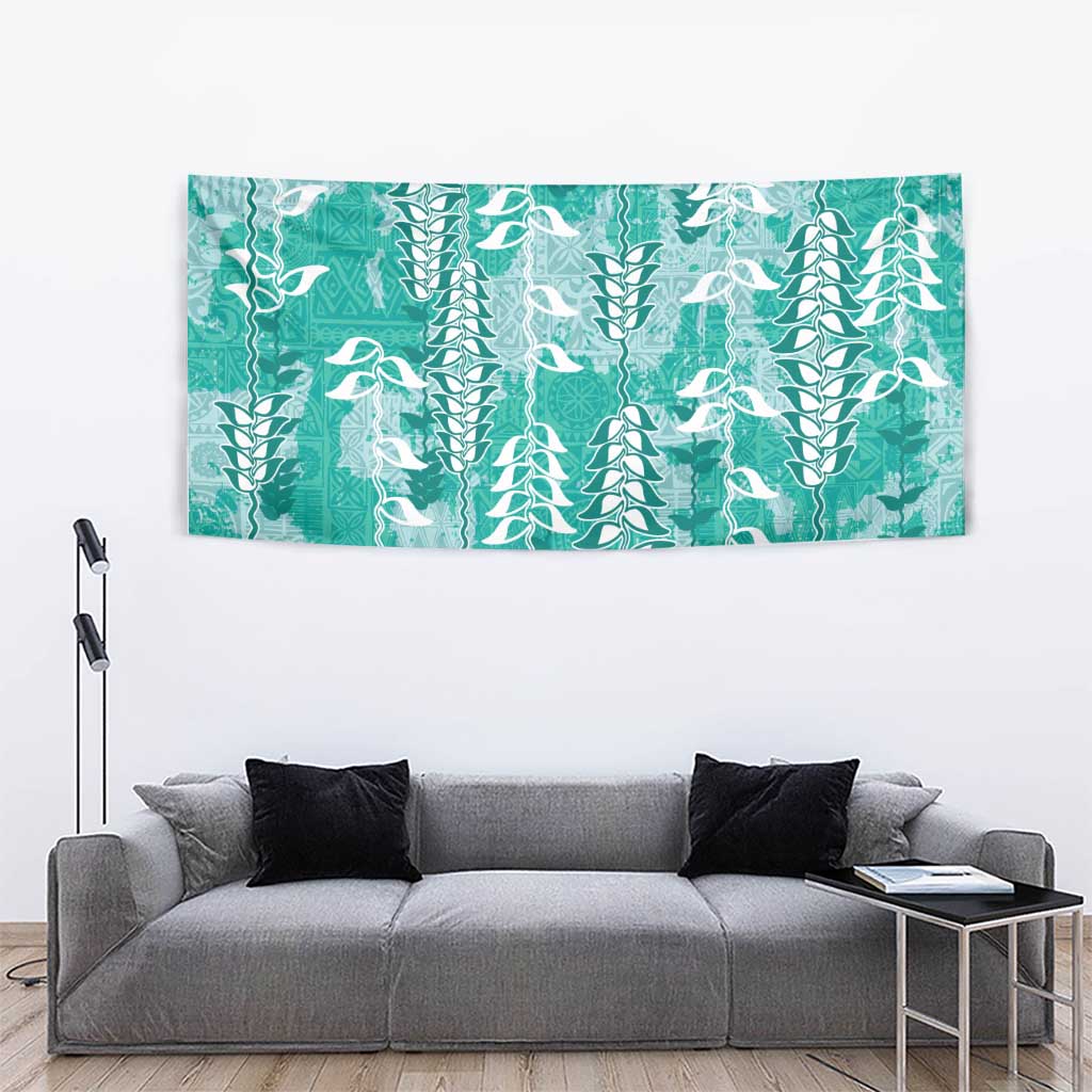 Teal Hawaii Tapa Pattern Tapestry With Heliconia Vintage Style LT05 - Polynesian Pride