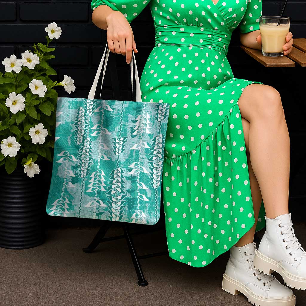 Teal Hawaii Tapa Pattern Tote Bag With Heliconia Vintage Style