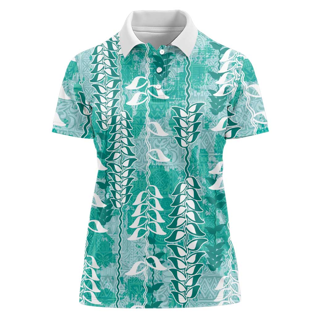 Teal Hawaii Tapa Pattern Women Polo Shirt With Heliconia Vintage Style LT05 Female Teal - Polynesian Pride