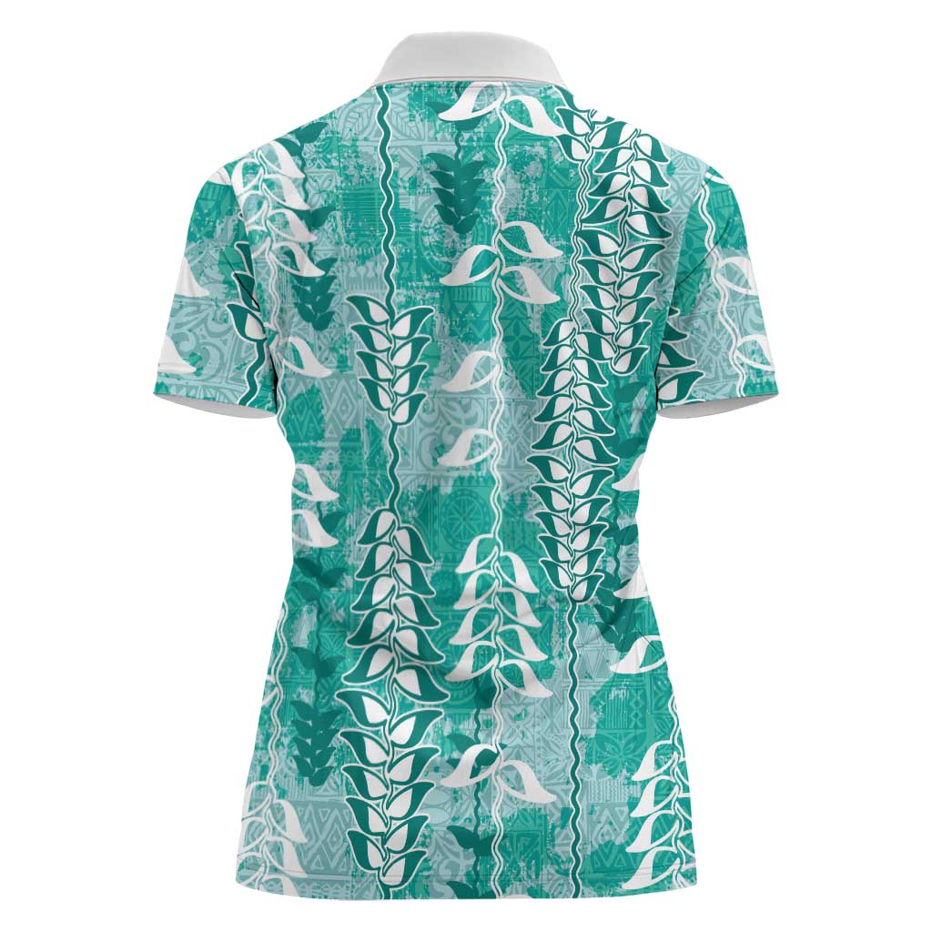Teal Hawaii Tapa Pattern Women Polo Shirt With Heliconia Vintage Style LT05 - Polynesian Pride