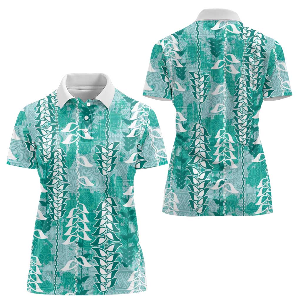 Teal Hawaii Tapa Pattern Women Polo Shirt With Heliconia Vintage Style LT05 - Polynesian Pride