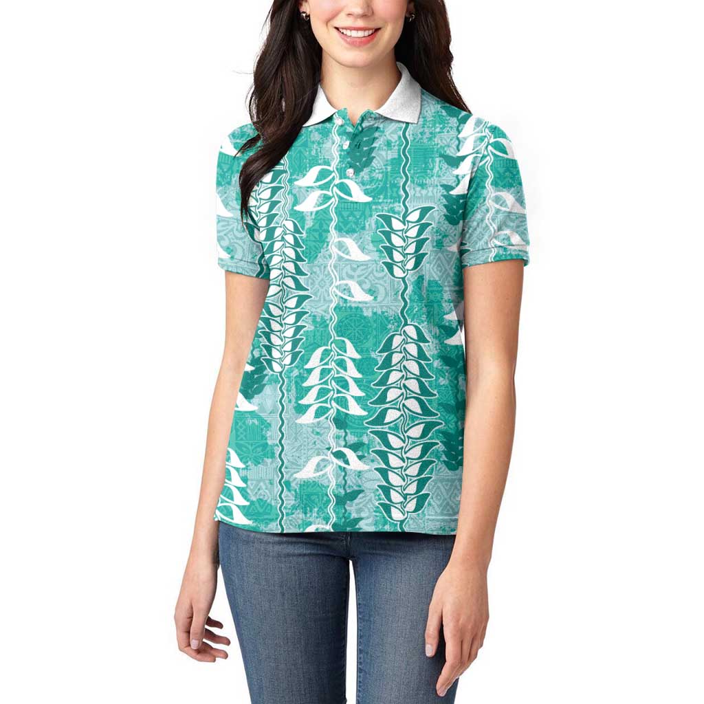 Teal Hawaii Tapa Pattern Women Polo Shirt With Heliconia Vintage Style LT05 - Polynesian Pride