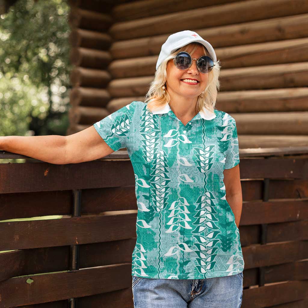 Teal Hawaii Tapa Pattern Women Polo Shirt With Heliconia Vintage Style LT05 - Polynesian Pride