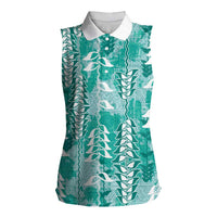 Teal Hawaii Tapa Pattern Women Sleeveless Polo Shirt With Heliconia Vintage Style