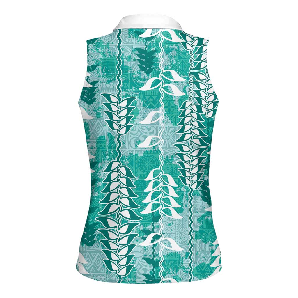 Teal Hawaii Tapa Pattern Women Sleeveless Polo Shirt With Heliconia Vintage Style