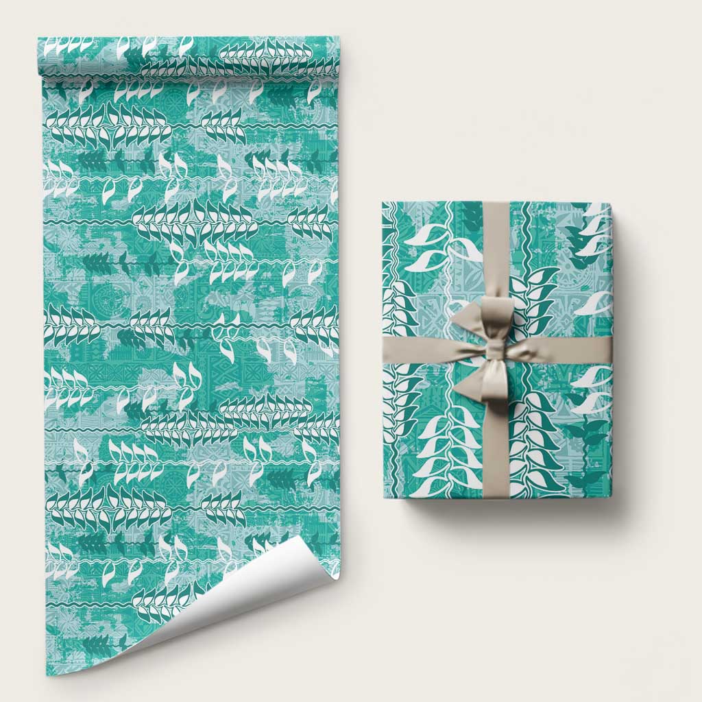 Teal Hawaii Tapa Pattern Wrapping Paper With Heliconia Vintage Style
