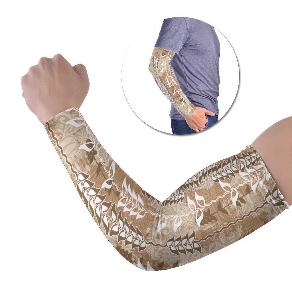 Beige Hawaii Tapa Pattern Arm Sleeves With Heliconia Vintage Style
