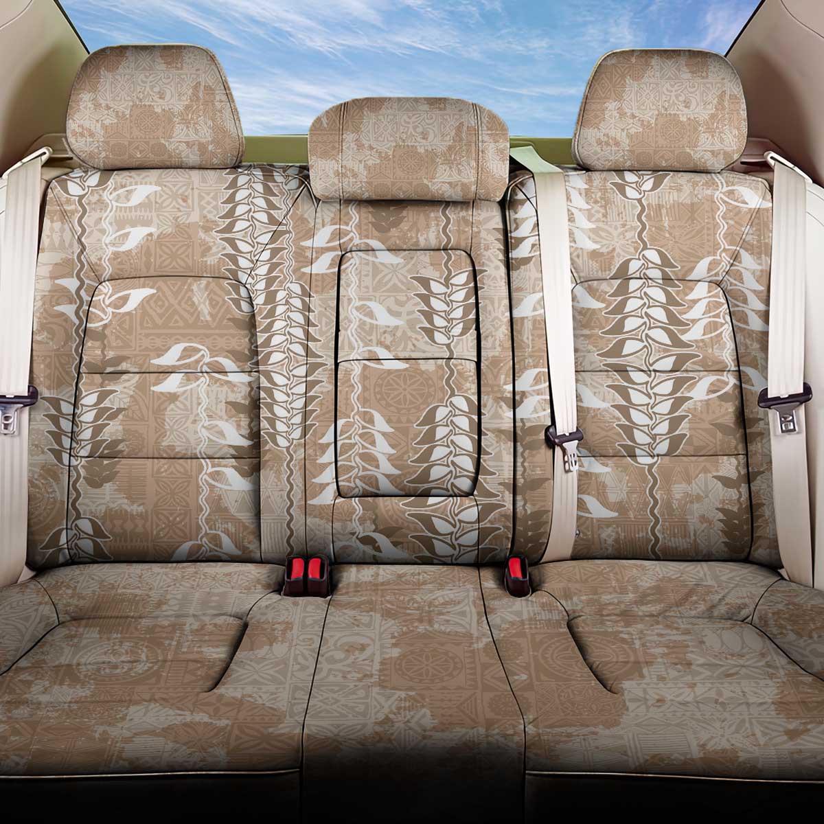 Beige Hawaii Tapa Pattern Back Car Seat Cover With Heliconia Vintage Style