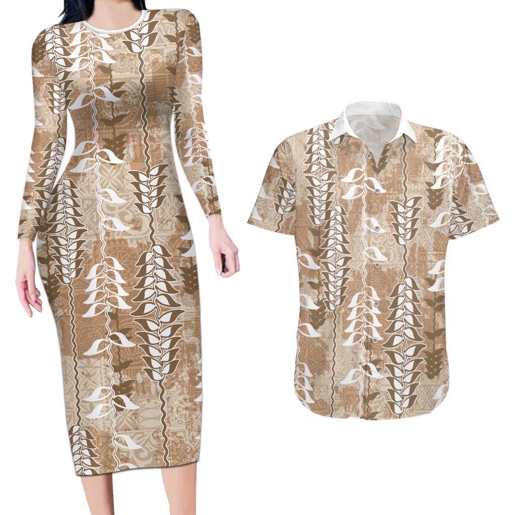 Beige Hawaii Tapa Pattern Couples Matching Long Sleeve Bodycon Dress and Hawaiian Shirt With Heliconia Vintage Style LT05 Beige - Polynesian Pride