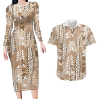 Beige Hawaii Tapa Pattern Couples Matching Long Sleeve Bodycon Dress and Hawaiian Shirt With Heliconia Vintage Style LT05 Beige - Polynesian Pride