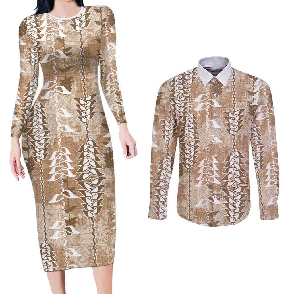 Beige Hawaii Tapa Pattern Couples Matching Long Sleeve Bodycon Dress and Long Sleeve Button Shirt With Heliconia Vintage Style