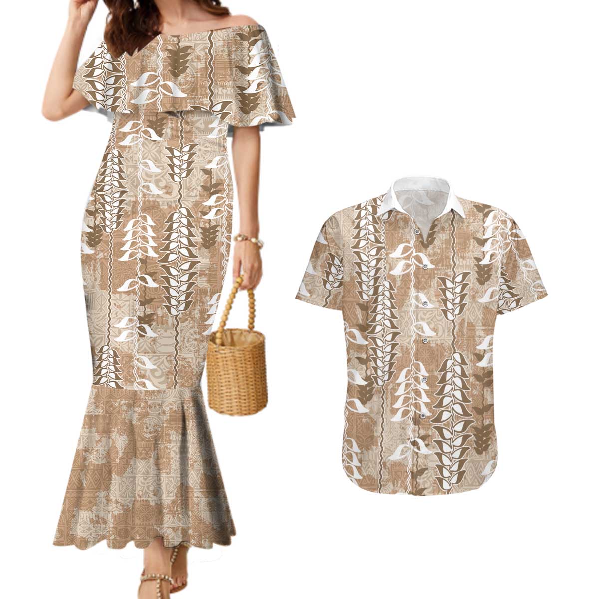 Beige Hawaii Tapa Pattern Couples Matching Mermaid Dress and Hawaiian Shirt With Heliconia Vintage Style