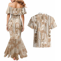 Beige Hawaii Tapa Pattern Couples Matching Mermaid Dress and Hawaiian Shirt With Heliconia Vintage Style