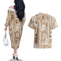 Beige Hawaii Tapa Pattern Couples Matching Off The Shoulder Long Sleeve Dress and Hawaiian Shirt With Heliconia Vintage Style LT05 - Polynesian Pride