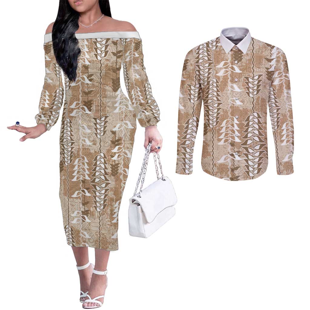 Beige Hawaii Tapa Pattern Couples Matching Off The Shoulder Long Sleeve Dress and Long Sleeve Button Shirt With Heliconia Vintage Style LT05 Beige - Polynesian Pride