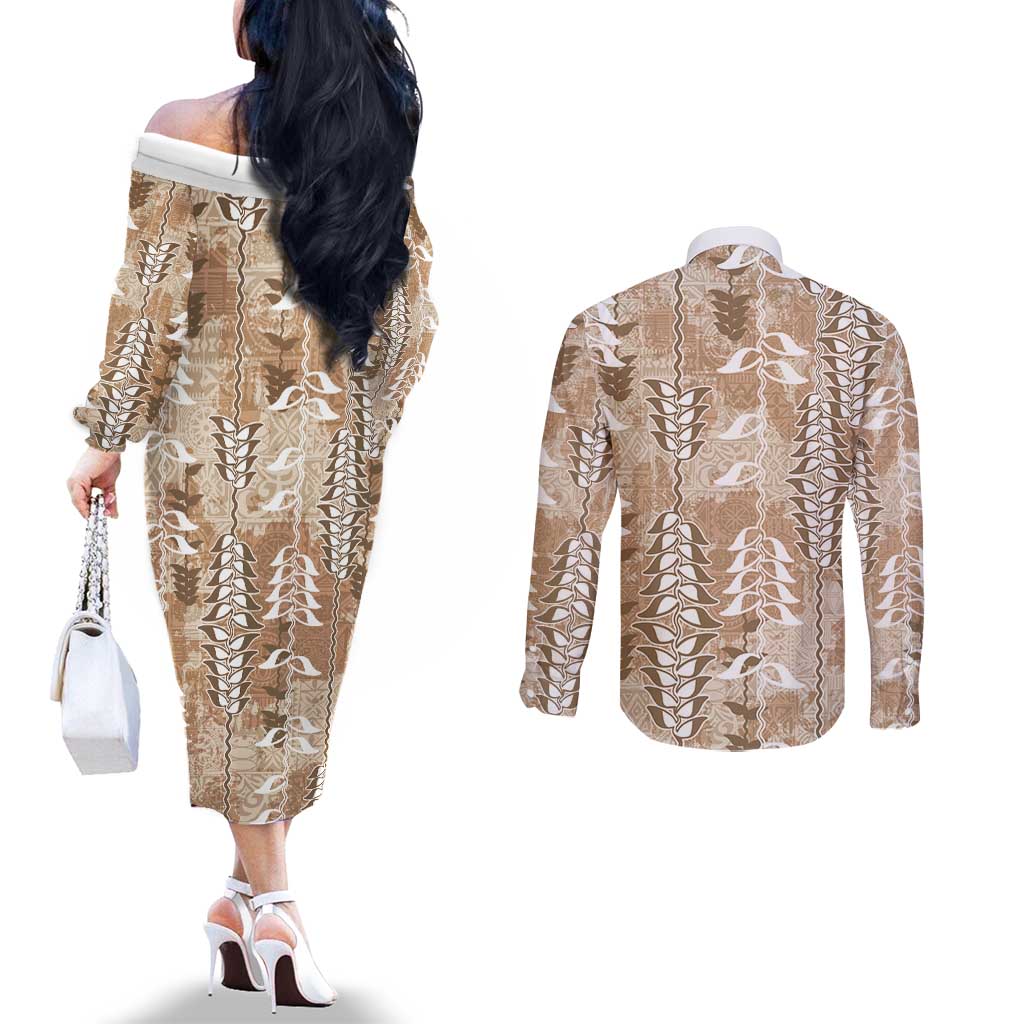 Beige Hawaii Tapa Pattern Couples Matching Off The Shoulder Long Sleeve Dress and Long Sleeve Button Shirt With Heliconia Vintage Style LT05 - Polynesian Pride