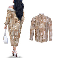Beige Hawaii Tapa Pattern Couples Matching Off The Shoulder Long Sleeve Dress and Long Sleeve Button Shirt With Heliconia Vintage Style LT05 - Polynesian Pride