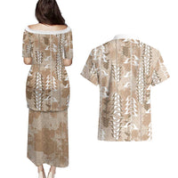 Beige Hawaii Tapa Pattern Couples Matching Puletasi and Hawaiian Shirt With Heliconia Vintage Style LT05 - Polynesian Pride
