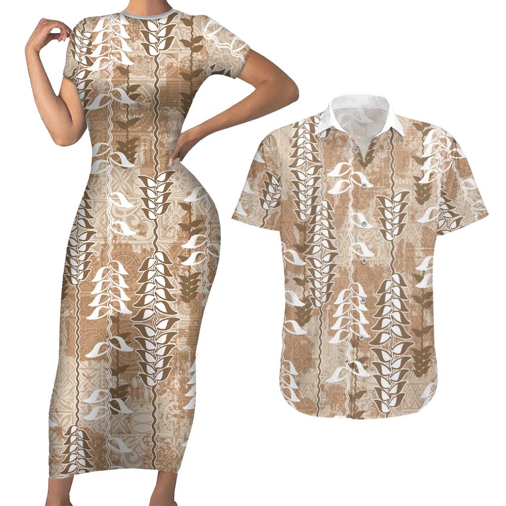 Beige Hawaii Tapa Pattern Couples Matching Short Sleeve Bodycon Dress and Hawaiian Shirt With Heliconia Vintage Style LT05 Beige - Polynesian Pride