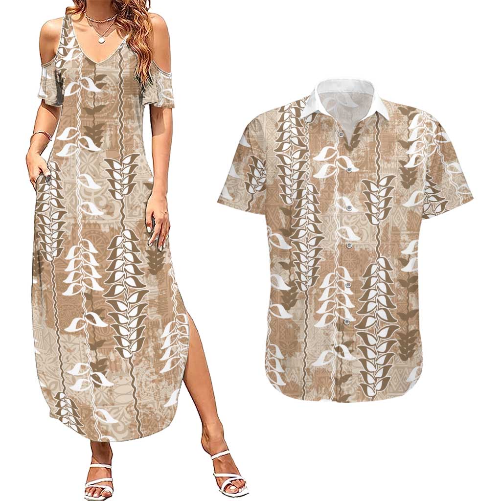 Beige Hawaii Tapa Pattern Couples Matching Summer Maxi Dress and Hawaiian Shirt With Heliconia Vintage Style
