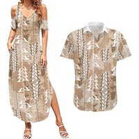 Beige Hawaii Tapa Pattern Couples Matching Summer Maxi Dress and Hawaiian Shirt With Heliconia Vintage Style