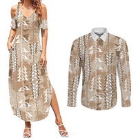 Beige Hawaii Tapa Pattern Couples Matching Summer Maxi Dress and Long Sleeve Button Shirt With Heliconia Vintage Style LT05 Beige - Polynesian Pride