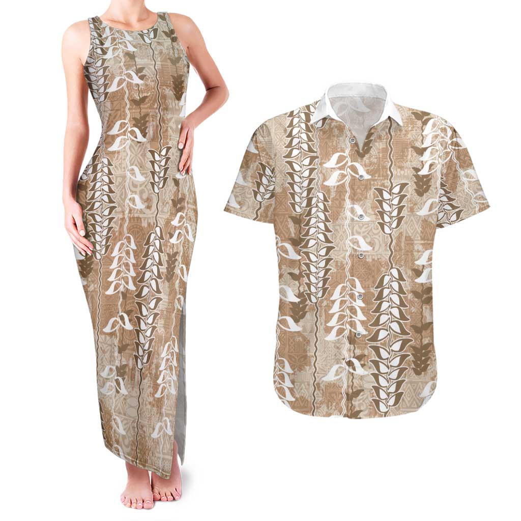 Beige Hawaii Tapa Pattern Couples Matching Tank Maxi Dress and Hawaiian Shirt With Heliconia Vintage Style