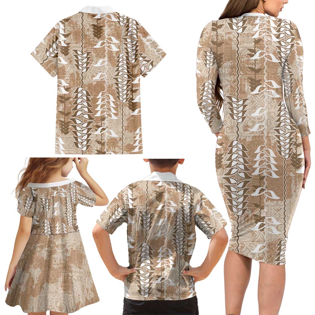 Beige Hawaii Tapa Pattern Family Matching Long Sleeve Bodycon Dress and Hawaiian Shirt With Heliconia Vintage Style