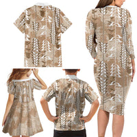 Beige Hawaii Tapa Pattern Family Matching Long Sleeve Bodycon Dress and Hawaiian Shirt With Heliconia Vintage Style