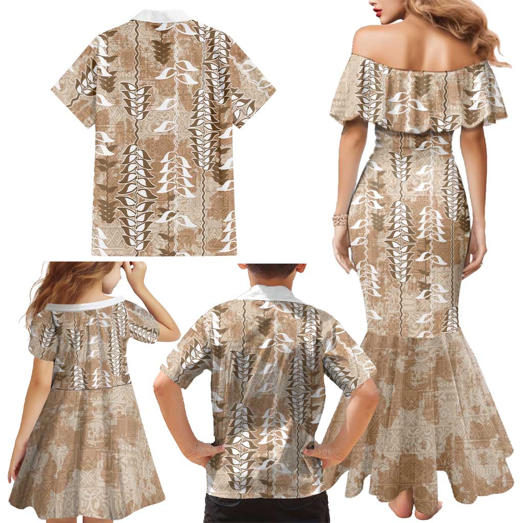 Beige Hawaii Tapa Pattern Family Matching Mermaid Dress and Hawaiian Shirt With Heliconia Vintage Style