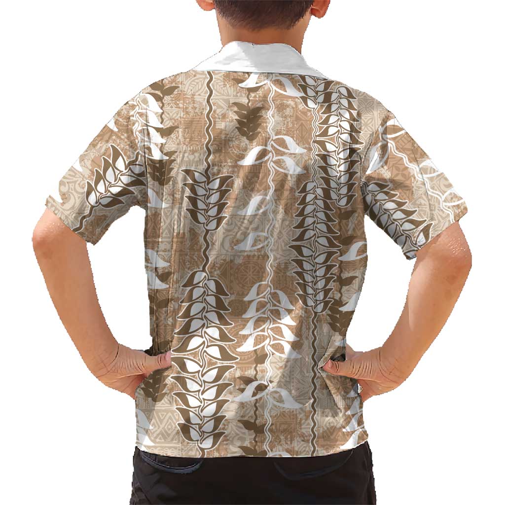Beige Hawaii Tapa Pattern Family Matching Off The Shoulder Long Sleeve Dress and Hawaiian Shirt With Heliconia Vintage Style LT05 - Polynesian Pride