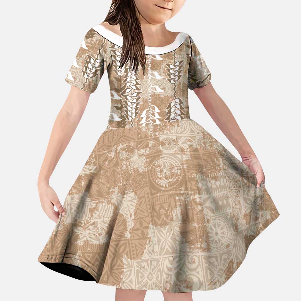 Beige Hawaii Tapa Pattern Family Matching Off The Shoulder Long Sleeve Dress and Hawaiian Shirt With Heliconia Vintage Style LT05 Daughter's Dress Beige - Polynesian Pride