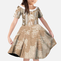 Beige Hawaii Tapa Pattern Family Matching Off The Shoulder Long Sleeve Dress and Hawaiian Shirt With Heliconia Vintage Style LT05 Daughter's Dress Beige - Polynesian Pride