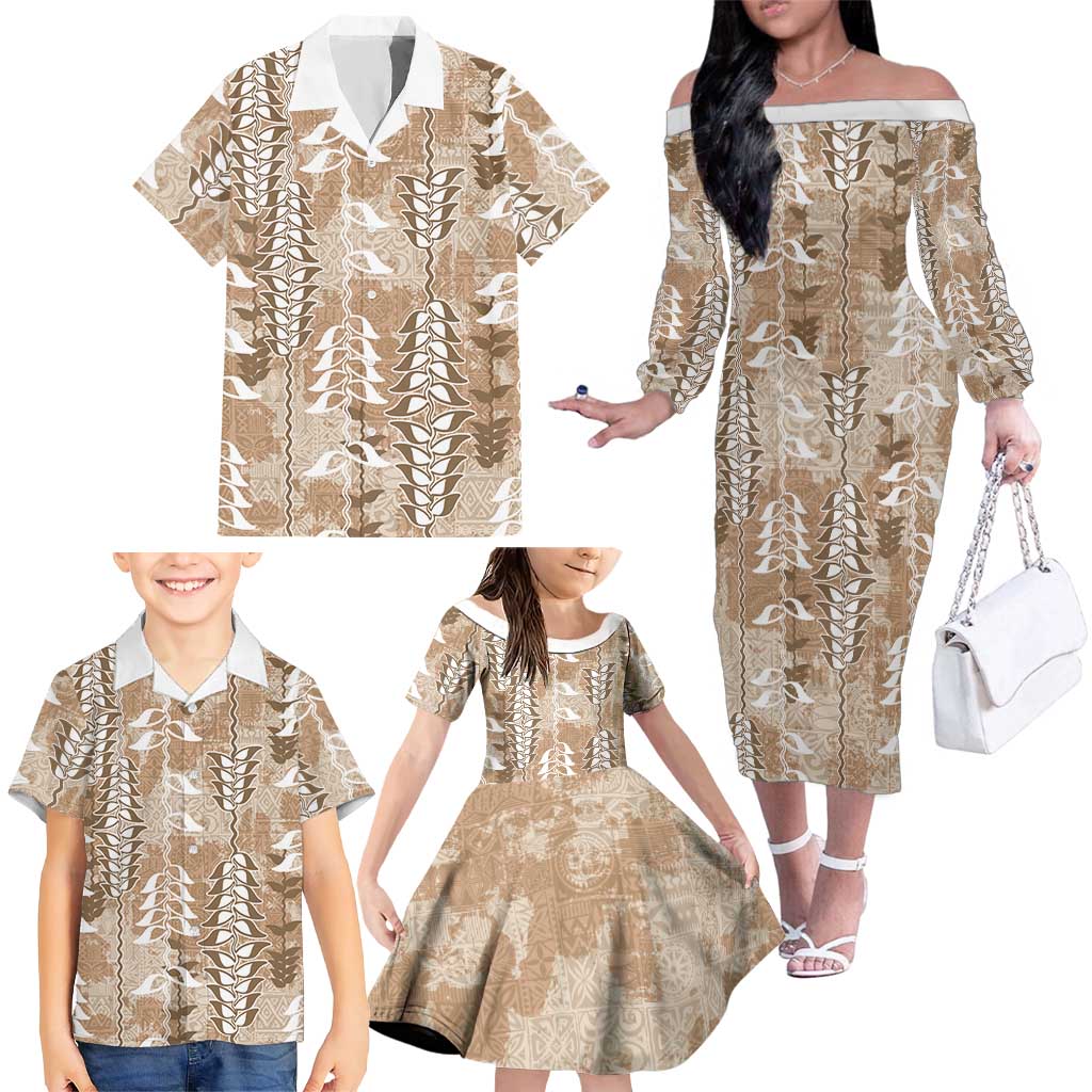 Beige Hawaii Tapa Pattern Family Matching Off The Shoulder Long Sleeve Dress and Hawaiian Shirt With Heliconia Vintage Style LT05 - Polynesian Pride