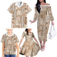 Beige Hawaii Tapa Pattern Family Matching Off The Shoulder Long Sleeve Dress and Hawaiian Shirt With Heliconia Vintage Style LT05 - Polynesian Pride